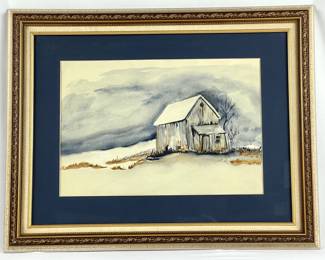 #63 • Framed Watercolor - Barn With Winter Skies - Unsigned, 28" x 22"
