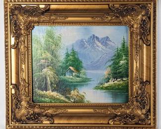 #101 • Signed Cabin in Mountains Oil on Board - Framed Landscape

