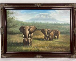 #77 • Unsigned Landscape Painting with Elephants - Framed
