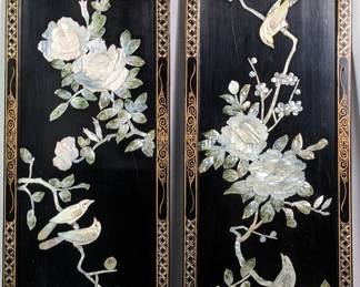 #73 • Pair Japanese Birds and Flowers Abalone on Lacquer Wall Hangings
