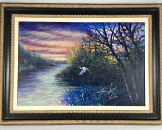 #90 • Large Signed Framed Oil on Canvas Landscape - Herons at Sunset
