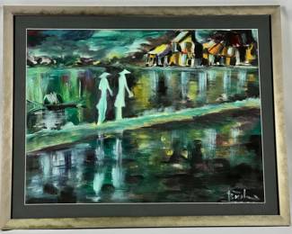 #54 • Signed Framed Original Hand-Painted Asian Seaside Village Landscape
