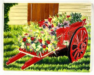 #11 • "Wheelbarrow of Flowers" Textured Colorful Ceramic Tile w/ Easel Back - 14" x 11"
