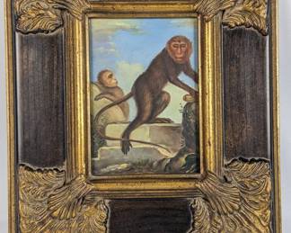 #97 • Pair Framed Temple Monkey Oil Paintings
