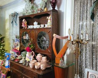 Vintage Celtic Harp on Stand, Victorian Buffet, Teapots & China, Jim Shore Santas 