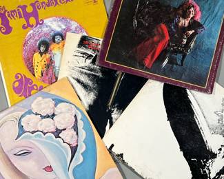 (5PC) ROCK VINYL | Rock records from the 1960s and the 1970s including Led Zeppelin by Led Zeppelin, Pearl by Janis Joplin, Are You Experienced by Jimi Hendrix, Sticky Fingers by The Rolling Stones, and Layla by Derek & The Dominos.
