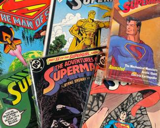 SUPERMAN COMIC BOOKS & SEALED VHS TAPE | Including; Superman #21 Parts 1 & 2 of the Supergirl Saga, Superman #22, Funeral For a Friend/5, all 6 parts of The Man of Steel 6 part mini-series by Byrne & Giordano, and SEALED VHS tape featuring animated Superman in The Mechanical Monsters, Artic Giant, and Electric Earthquake.
