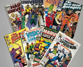 (8PC) MISC. MARVEL COMIC COLLECTION | Including:
"Marvel Super Action Starring Captain America" Sept. Edition 3
"The Vision and The Scarlet Witch" May Edition 8
"The West Coast Avengers Versus The Rangers!" May Edition 8
"The West Coast Avengers" June Edition 9
"The Clandestine" March Edition 6
"Marvel Universe Update '89" Nov. Edition 5
"Marvel Universe Update '89" Mid-Nov. Edition 6
"The Amazing Spider-Man Venom Attacks!" Feb. Edition 374