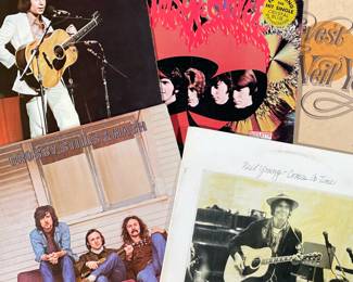 (5PC) NEIL YOUNG & SIMILAR ARTISTS VINYL RECORDS | Including; Neil Young Harvest(MS 2032), Neil Young Comes a Time (MSK 2266), Crosby, Stills & Nash self titled (SD 19117), Paul Simon in Concert Live Rhymin' (PC 32855), and Tommy James & The Shondells Crimson & Clover (SE 42023).