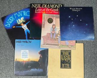 (6PC) 60S VINYL RECORDS | 60s Vinyl record albums including; Willie Nelson Stardust (JC 35305), Crosby, Stills & Nash self titled (SD-8229), Neil Diamond Love at the Greek (KC2 34404), Barry Manilow Live (AL 8500), Barry Manilow Even Now (AB 4164), and The Band The Last Waltz (3WS 3145)
