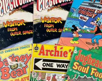 (6PC) MISC. ARCHIE & DISNEY COMIC BOOKS | Including; Archie's One Way, Jughead's Soul Food, Kiddies Christian Comics Barney Bear Home Plate!, Mickey and Goody explore the Universe of Energy, and 2 copies of The Science Fair Story of Electronics.