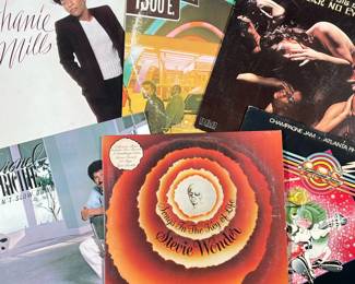 (6PC) LIONEL RITCHIE, STEVIE WONDER & OTHER VINYL RECORDS | Vinyl record albums including; Lionel Ritchie Can't Slow Down (6059 ML), Song in the Key of Life Stevie Wonder (T13-34062), Champagne Jam Atlanta Rhythm Section (PD-1-6134), Buddy Rich and The Big Band Machine Speak No Evil (APL1-1503), Crusaders Street Life (MCA-3094), and Stephanie Mills Sweet Sensation (T-603)
