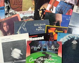 (16PC) LARGE CLASSIC ROCK VINYL ALBUMS | Including; Band on the Run Paul McCartney & The Wings (SO1-3415), Born in the U.S.A. Bruce Springsteen (QC 38653), Phil Collins Hello, I Must Be Going (80035-1), Genesis self titled (80116-1), Lynyrd Skynrd One More From the Road (MCA2-8011), and much more from Bob Dylan, Barry Manilow, Dan Folgelberg, Neil Diamond, and others!