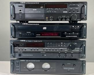 (4PC) CARVER RACK STEREO SYSTEM AND SPEAKERS | Including models; TFM 15CB power amplifier, multi compact disc player SD/A-360, Sonic Holography A/V Preamplifier Tuner CT-3, Auto-Reverse Cassette Deck TDR-1550. -  l. 19 x w. 12 x h. 3.5 in