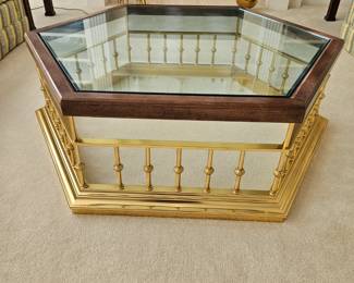 Rare Vintage Regency Octagonal Glass Top Metal Wood Cocktail Table
