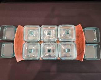 MCM Dansk Dan Mark Designs JHQ Jens Quistgaard Teak Lattice Tray 16pc Glass Inserts