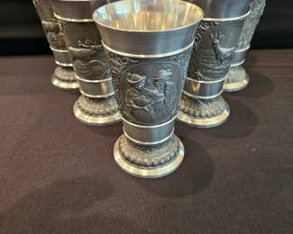 ANTIQUE GERMAN PEWTER CUP BUCK DEER HUNTER WITH WIFE SCENE