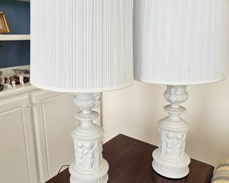 Vintage Pair of Dresden Tall White Bisque Porcelain Classic Cherub Putti Lamps