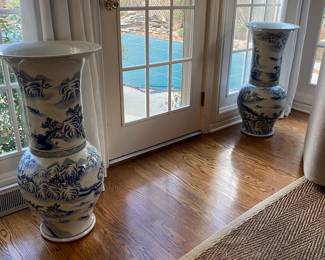 Two XL blue & white floor vases