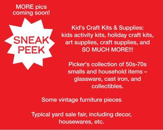 Sneak Peek! More pics are coming this week. Kids' Craft Kits & Supplies: kids' activity kits, holiday craft kits, art supplies, craft supplies, and SO MUCH MORE!!!

Some vintage furniture pieces. Picker's collection of 50s-70s smalls and household items – glassware, cast iron, and collectibles. Typical yard sale fair, including decor, housewares, etc.

ALL PROCEEDS FROM THIS SALE go towards the rehab of 511 & 513 Sixth Street buildings. We appreciate your help! 