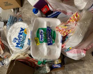 Boxes and cabinets full of paper goods