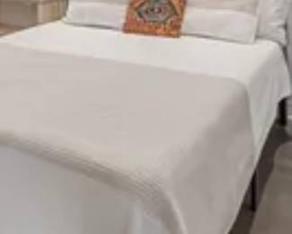 Queen size bed. Bedding from Restorarion Hardware. 