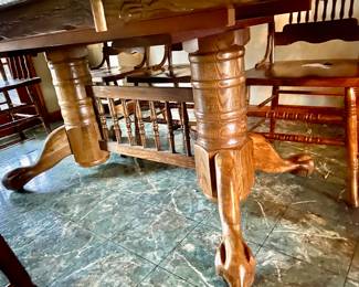 Very Nice Kitchen / Dinning Double Pedestal ClawfootTable with 8 Chairs 60" long without leaves x 30" Tall.  Leaves add 18" each -there are 2 makes it 8' total. Pressback Chairs are strong w no issues Two are captain.   Available for Presale!