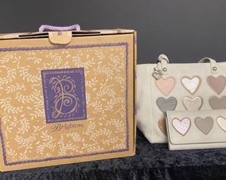 BRIGHTON OFF WHITE LEATHER HOLLY HEARTS GALORE SHOULDER BAG PURSE WALLET SET