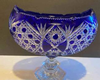 Cobalt Blue Oblong Cut Crystal Footed Bowl