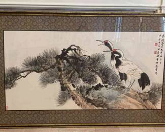 Watercolor Of Cranes On Silk