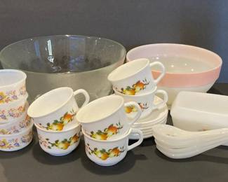 Arcopal France Teacups Saucers Ramekins And Pyrex Mixing Bowl