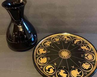 Glass Astrology Plate And Oneida Black Vase