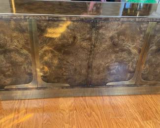 Vintage Burl Wood and Brass Credenza