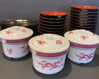 Noritake Melamineware Dipping And Soup Bowls Mitsubishi Rayon Dishes And Pink Lidded Canisters