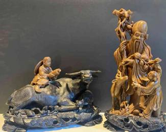 Chinese Carved Figures Shou Lao Boy on Water Buffalo