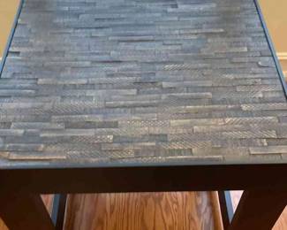 Black End Table With Inlaid Wood Design