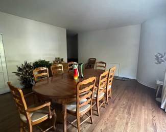 Huge wooden dining table, chairs with bespoke velvet covers, carved with flowers; this is a really rare beautiful item for any home
