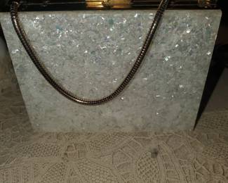 Rare Vintage Double Confetti Lucite Minaudiere Purse Compact Lipstick Cigarette