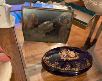 Limoges Trinket Box France Courting Couple Lid Gold Trim Vintage Cobalt Blue