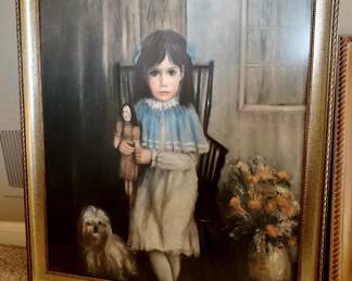 Antique Artist G. Mitchell  Lithograph Young Girl with Doll & Dog Framed
