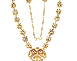 102
An Enamel, Synthetic Ruby And Gold Necklace
The necklace features quatrefoil-shaped gold and enamel links suspending a double winged pendant highlighted with enamel flowers, further suspending a ball pendant channel-set with emerald-cut synthetic rubies with two small gold balls suspended on either side, in 14K gold.
48.90 grams
16" L, with a smaller adjustable chain for an addition of up to 6"
Estimate: $1,000 - $1,500