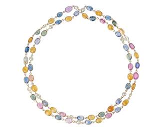 104
A Multi-Color Sapphire, Diamond And Gold Necklace
Set with fifty-five oval-shaped sapphires in various colors weighing 80.60 carats, and thirty-seven round brilliant-cut diamonds weighing 4.77 carats, in 18K white gold.
29.34 grams
33 1/2" L
Estimate: $15,000 - $20,000