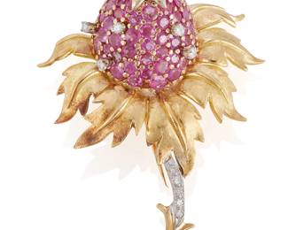 98
A Ruby, Diamond And Gold Brooch
Designed as a thistle set with circular-cut and cabochon rubies weighing approximately 8.12 carats, further highlighted by round brilliant and single-cut diamonds weighing approximately .56 carat, in 18K white and yellow gold.
44.80 grams
2 1/2" H x 2" W
Estimate: $1,500 - $2,000