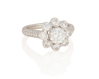 82
A Diamond Ring
Set with a round brilliant-cut diamond measuring 6.31 x 6.33 x 4.09 mm and weighing 1.00 carat, enhanced with 46 round brilliant-cut diamonds weighing approximately 1.18 carats, in 18K white gold.

Accompanied by GIA report number 2205290436 stating that the 1.00 carat diamond is D color, VVS2 clarity.
4.40 grams
Size: 6.5
Estimate: $4,000 - $6,000