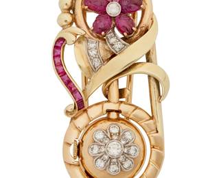 212
A Retro Ruby, Diamond And Gold Watch Clip, Tavannes
The watch clip features a manual movement in good working order, set in a floral motif with full and single cut diamonds weighing approximately .60 carat, together with channel-set rubies and carved rubies, mounted in 14K white, rose and yellow gold.
23.60 grams
2" H x 7/8" W
Estimate: $800 - $1,200
