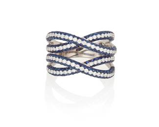 162
A Sapphire And Diamond Crossover Ring
The cross over ring features 88 circular-cut sapphires weighing 1.47 carats and 80 round brilliant-cut diamonds weighing .60 carat, set in 18K white gold.
5.9 grams
Size: 6.5
Estimate: $1,500 - $2,000