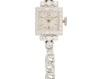 120
Ladies White Gold And Diamond Wristwatch, Longines
Ref: 604
Dial: White with dart and dot markers, dart hands
Movement: 17-jewel, number 11053998, calibre 4LLV
Case: 14.5 x 14.5 mm square, 14K white gold case and bracelet set with single-cut diamonds, estimated 0.50 carat total weight.
Bracelet: 14K white gold infinity link with a foldover clasp and safety chain, 7" L
18.4 grams
Estimate: $400 - $600