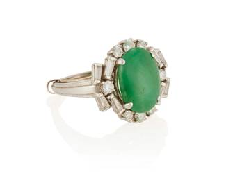 81
A Jadeite And Diamond Ring
Centering a jadeite cabochon measuring approximately 13.12 x 10.04 x 4.33 mm, framed by 8 tapered baguette-cut and 8 round brilliant-cut diamonds weighing approximately .74 carat, set in platinum.
9.80 grams
Size: 6.5 (with ring guard that can be removed)
Estimate: $800 - $1,200