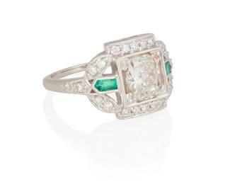 84
An Emerald And Diamond Ring
The ring centers a round brilliant-0cut diamond weighing approximately 1.43 carats, surrounded by 20 round brilliant-cut diamonds weighing a total of approximately 1.00 carat, highlighted with two bullet-shaped emeralds, in 18K white gold.
5.71 grams
Size: 6.75
Estimate: $1,500 - $2,000