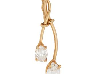 113
A Gold And Diamond Pendant
Set with a marquise-shaped diamond weighing approximately 1.39 carats and a marquise-shaped diamond weighing approximately .72 carat in 14K gold.
3.48 grams
1 3/4" L x 1/4" W
Estimate: $4,000 - $6,000